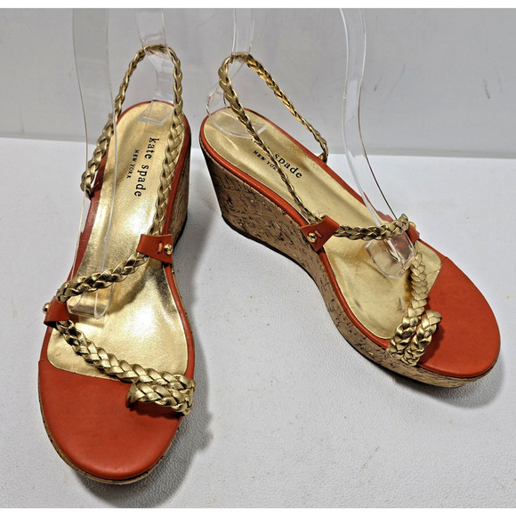 Kate Spade Orange/Gold Bali Wedges Sandals Braided size 7 - Picture 1 of 8